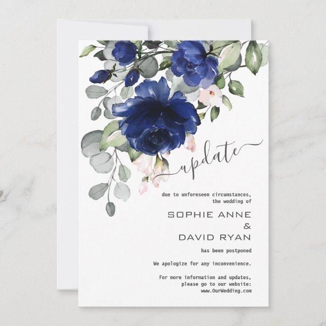 Postponed Wedding Update Navy Blue Pink Floral Invitation (Front)