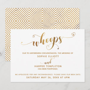 Postponed Wedding "Whoops" Gold Hearts Script Invitation