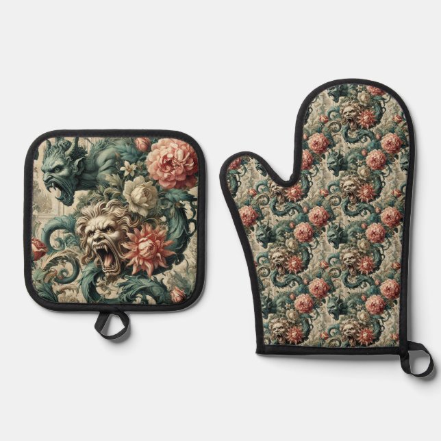 Posture of Perdition – Gothic Victorian Oven Mitt & Pot Holder Set (Front)
