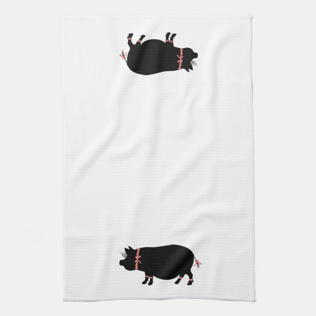 Pot Bellie Pig (Red Ribbons) Tea Towel (Vertical)