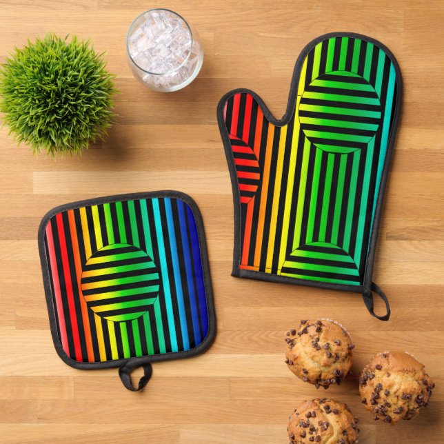 Pot Holders - Striped Optical Illusion Oven Mitt & Pot Holder Set (Top Down)