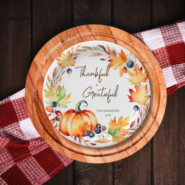 Pot Luck Thanksgiving dinner party tableware Paper Plate (Thanksgiving pot luck thankful grateful party tableware personalized plates watercolor wreath pumpki)