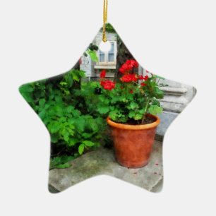 Pot of Geraniums on Stoop Ceramic Tree Decoration