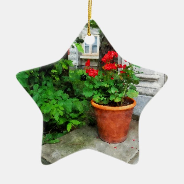 Pot of Geraniums on Stoop Ceramic Tree Decoration (Front)