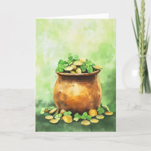 Pot of Gold and Clover Luck Green Holiday Card
