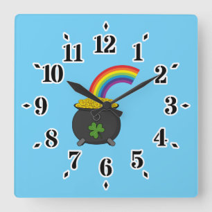 Pot of Gold Rainbow Cartoon Square Wall Clock