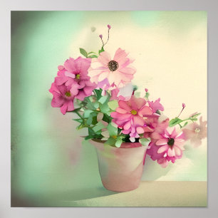 Pot of Pink Watercolor Flowers  Poster