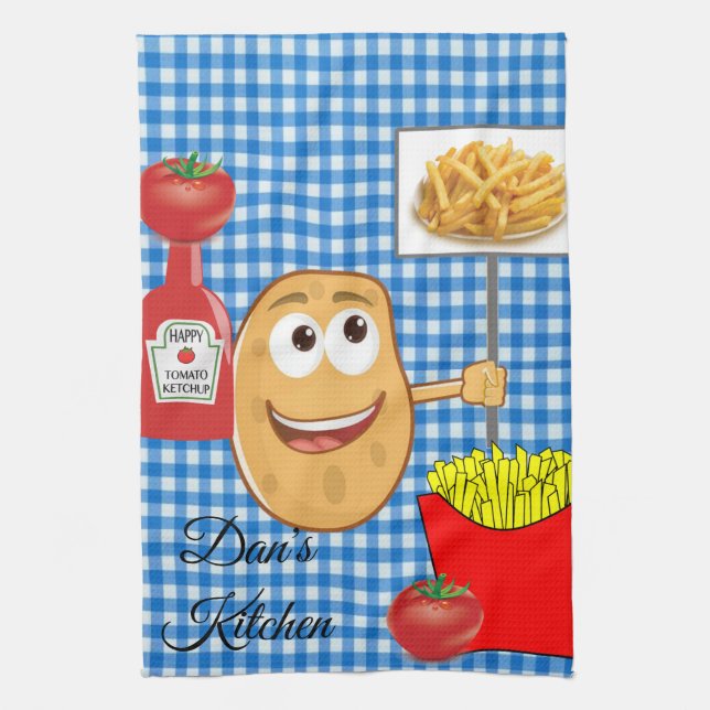 Potato, French Fries, Plaid Kitchen Hand Towel (Vertical)