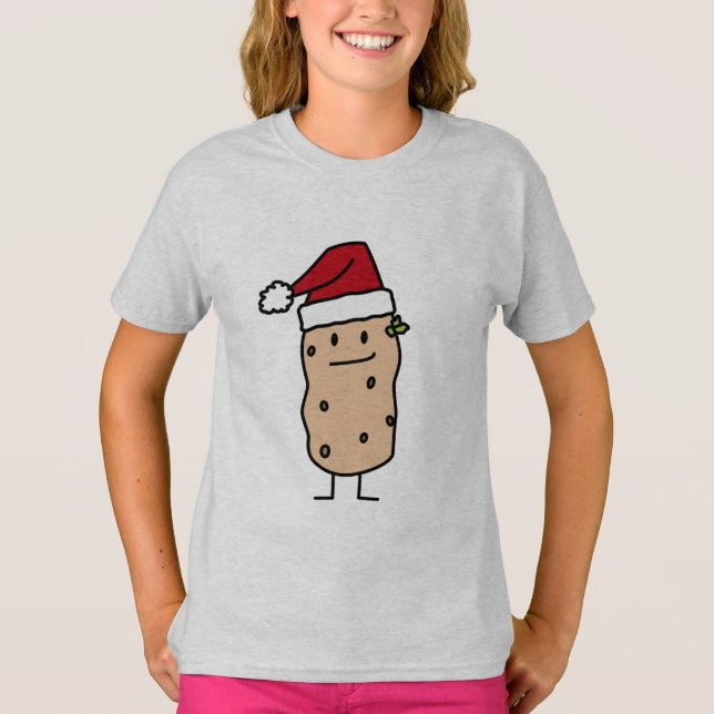Potato Potatoes wearing Christmas Santa Hat Happy T-Shirt (Front)