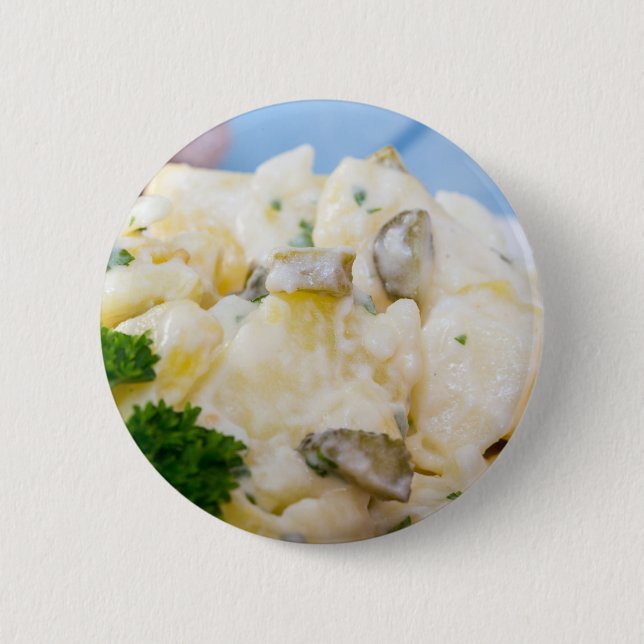 Potato salad with sausage and mustard 6 cm round badge (Front)