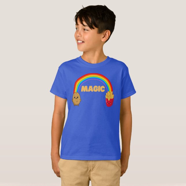 Potato transforming onto chips with a rainbow T-Shirt (Front Full)