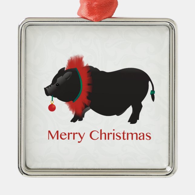 Potbellied Pig Merry Christmas Design Metal Tree Decoration (Front)