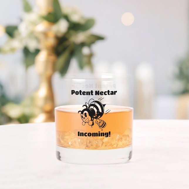 Potent Nectar Incoming! Busy Bee Buckets Cartoon Whiskey Glass (Insitu (Wedding))