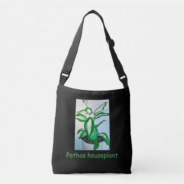 Pothos Houseplant on Black  Crossbody Bag (Front)