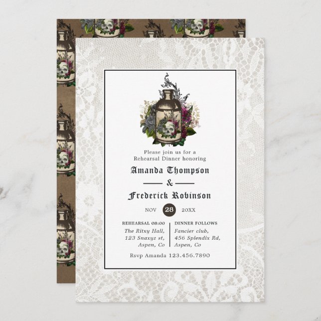 Potion Bottle and Lace Gothic Rehearsal Dinner Invitation (Front/Back)