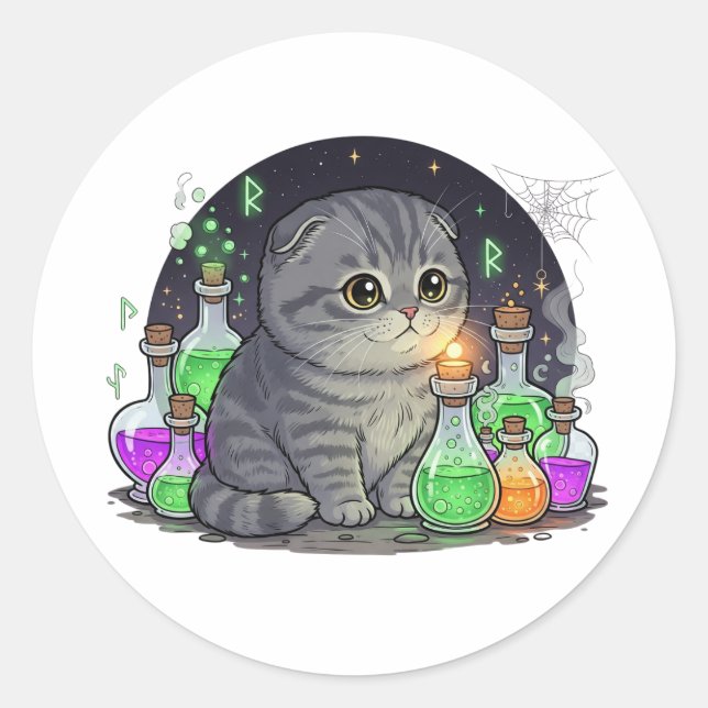 Potion Fold – Scottish Fold Cat Halloween Classic Round Sticker (Front)