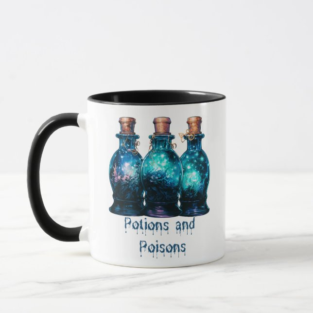 Potions and Poisons Modern Blue & White Halloween Mug (Left)