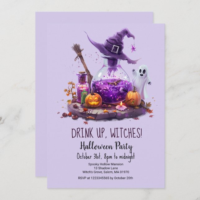Potions Pumpkin Ghost Witch Hat Halloween Party  Invitation (Front/Back)