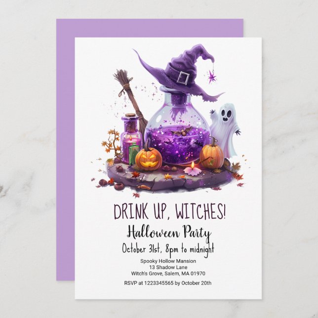 Potions Pumpkin Ghost Witch Hat Halloween Party  Invitation (Front/Back)