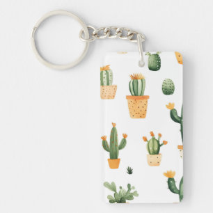 Potted Cactus on White Key Ring