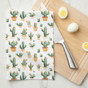 Potted Cactus on White Kitchen Towel