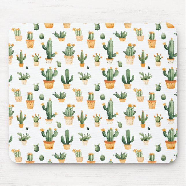 Potted Cactus on White Mouse Pad (Front)