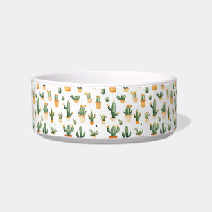 Potted Cactus on White Pet Bowl
