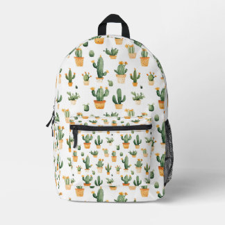 Potted Cactus on White Printed Backpack