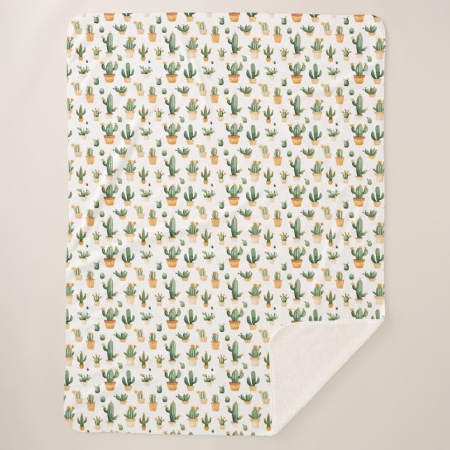 Potted Cactus on White Sherpa Blanket (Front)