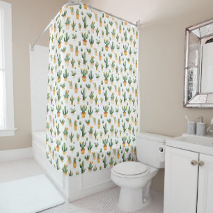 Potted Cactus on White Shower Curtain