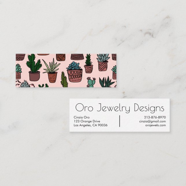 Potted Cactus & Succulents Boho Line Art Pattern Mini Business Card (Front/Back)