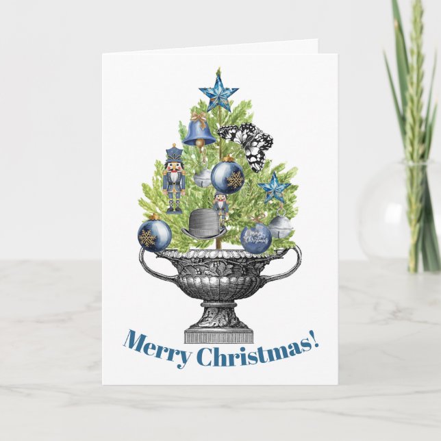 Potted Christmas Tree with Blue Ornaments Holiday Card (Front)