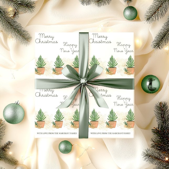 Potted Fir Tree and Gift Personalised Christmas Wrapping Paper (Personalized Christmas wrapping paper)