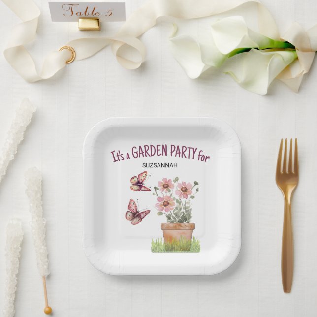 Potted Floral Garden Butterflies Watercolor  Paper Plate (Wedding)