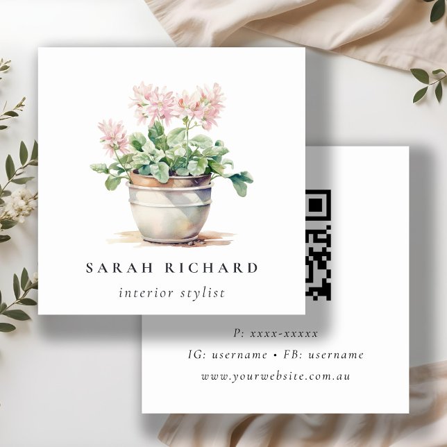 Potted Floral House Plants Botanical QR Code Square Business Card (Creator Uploaded)