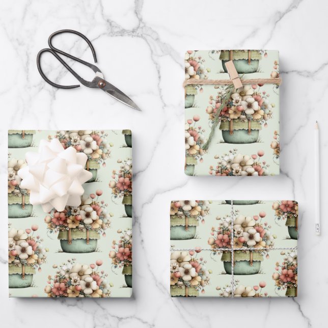 Potted Flowers Cosy Shabby Cute Pattern Wrapping Paper Sheet (Front)
