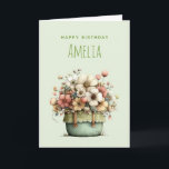 Potted Flowers Cozy Shabby Style Cute Birthday Card<br><div class="desc">Birthday card with a whimsical stylish pot of flowers. Green,  pink and cream colors. Set in a green pot with a plaid cloth. Shabby vintage vibe.</div>