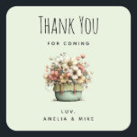 Potted Flowers Cozy Shabby Style Cute Thank You Square Sticker<br><div class="desc">Thank you stickers with a whimsical stylish pot of flowers. Green, pink and cream colors. Set in a green pot with a plaid cloth. Shabby vintage vibe.</div>