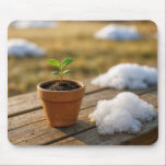 Potted Green Plant with Melting Snow Mouse Pad<br><div class="desc">A tiny green sapling is growing in a clay pot, accompanied by a pile of melting snow on a wooden table</div>