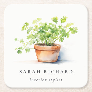 Potted Herb Parsley Coriander Watercolor Botanical Square Paper Coaster