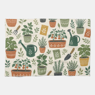 Potted Herbs and Kitchen Garden Botanical Pattern Tea Towel