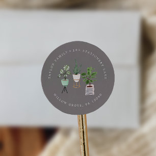 Potted House Plants Grey Circular Return Address Classic Round Sticker