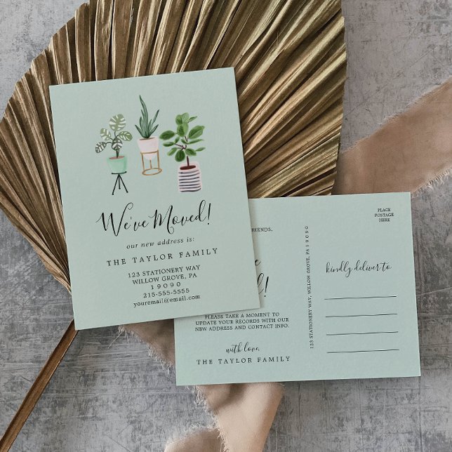 Potted House Plants | Mint We've Moved Moving Announcement Postcard (Creator Uploaded)