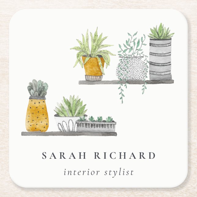 Potted House Plants Watercolor Botanical  Square Paper Coaster (Front)