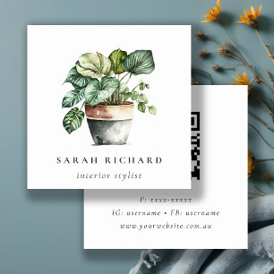 Potted Leafy House Plants Botanical QR Code Square Business Card