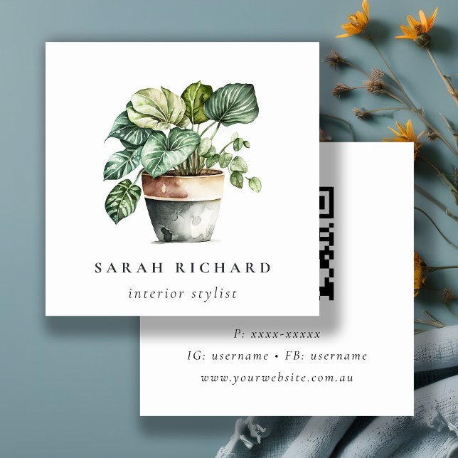 Potted Leafy House Plants Botanical QR Code Square Business Card (Creator Uploaded)