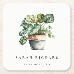 Potted Leafy House Plants Watercolor Botanical  Square Paper Coaster