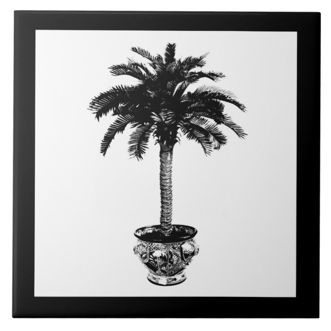 Potted Palm Tree - black and white Tile (Front)