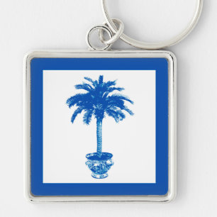 Potted Palm Tree - cobalt blue and white Key Ring