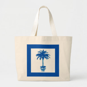 Potted Palm Tree - cobalt blue and white Large Tote Bag